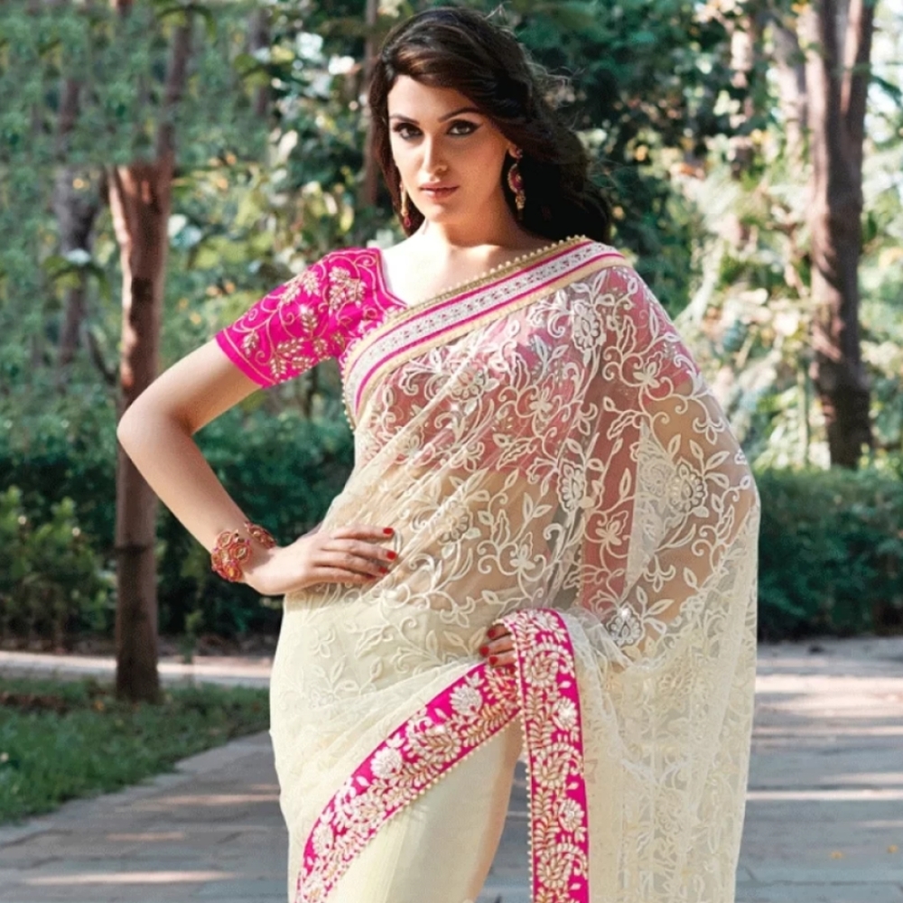 Designer embroidered lace and Pearl Hot pink & white kundan saree XS/S w/ blouse - Picture 2 of 12